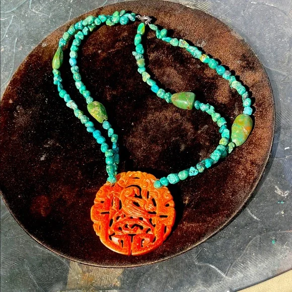 Handcrafted Turquoise and Orange Pendant Necklace - Picture 1 of 11